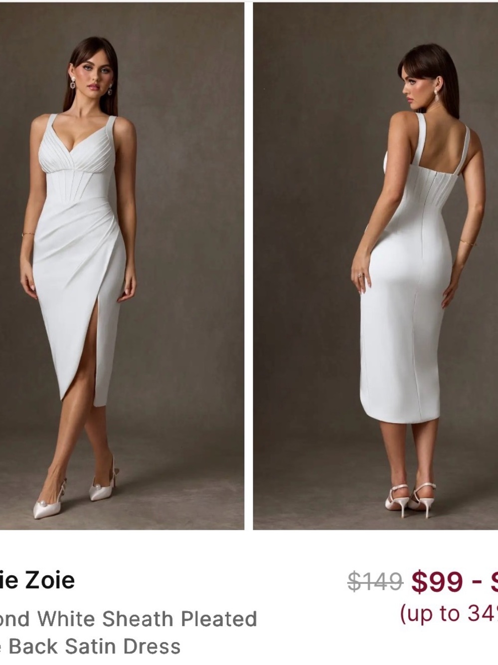 Azazie White Pleated V-Neck Ruched Midi Dress